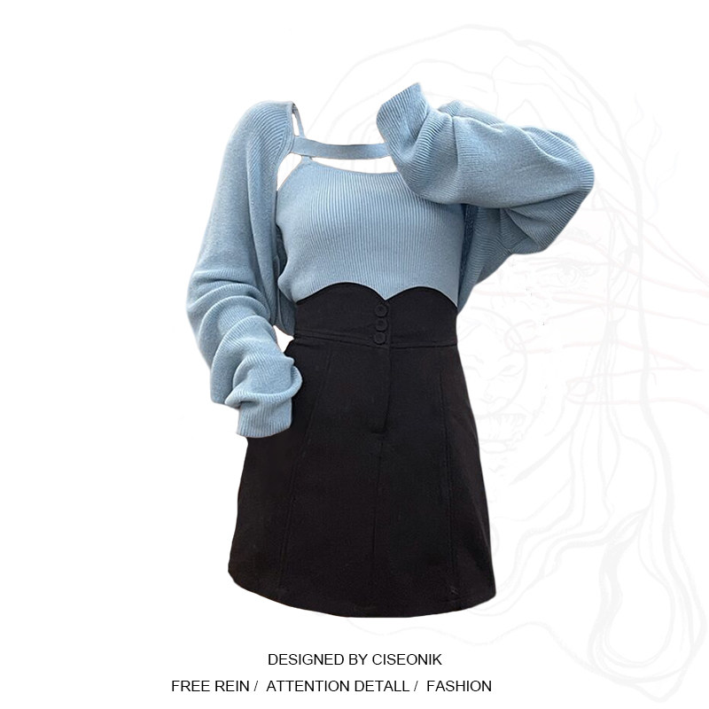 Large size female dress Fat younger sister Lazy Wind Pure Desire Thin Knitted Cardiovert Jacket High Waisted Lace Half Body Skirt Suit