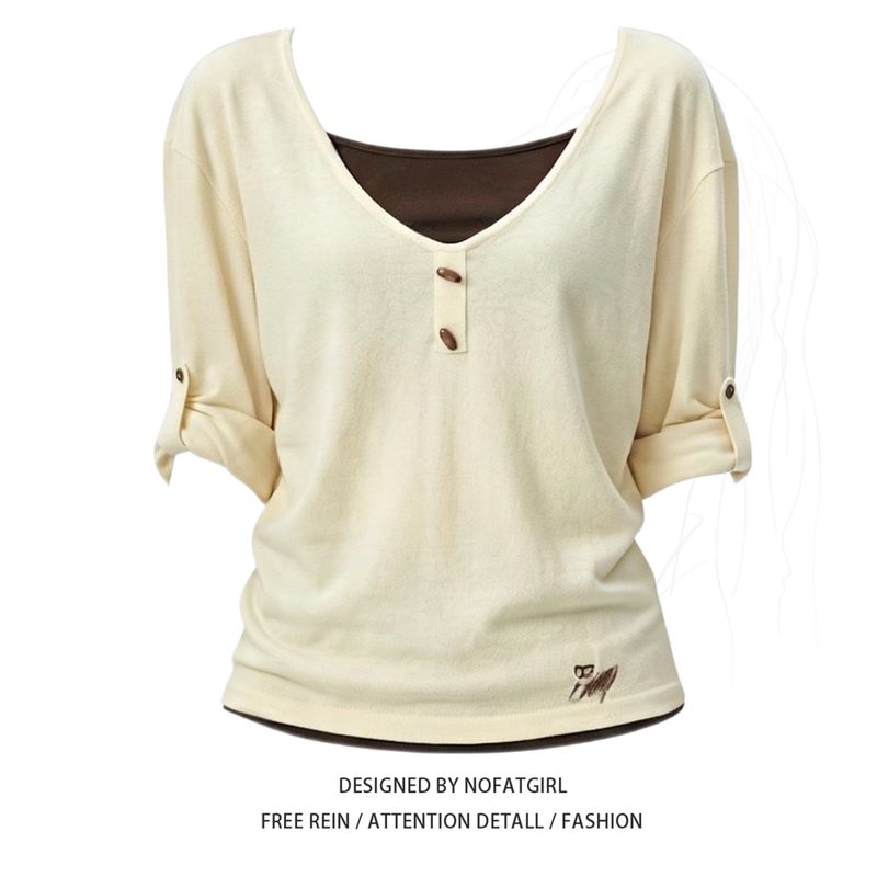 Plus-Size Hot Girl Style Fake Two-Piece Long-Sleeve T-Shirt for Women, Early Autumn New V-Neck Button Slim-Fit Layering Top