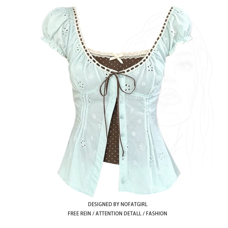 Plus-Size Korean Style Fake Two-Piece Color-Block U-Neck Puff Sleeve Blouse, Super Pretty and Stunning Top for Summer 2026