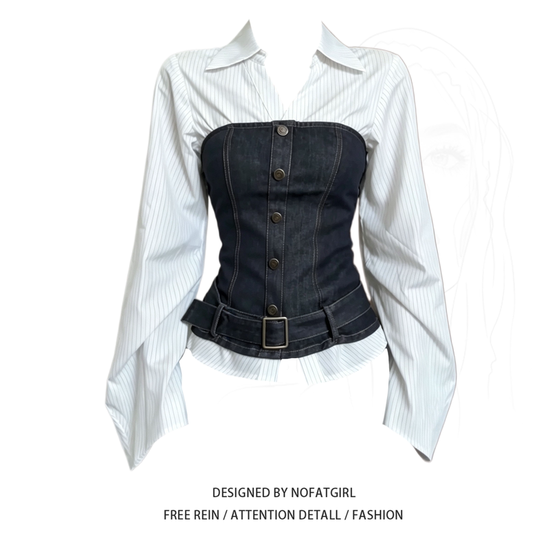 Plus-Size Korean-Style College-Style Denim Tube Top Shirt for Women, Early Autumn Color-Blocking Design Long-Sleeve Top for Layering Plus-Size Korean-Style College-Style Denim Tube Top Shirt for Women, Early Autumn Color-Blocking Design Long-Sleeve Top for Layering