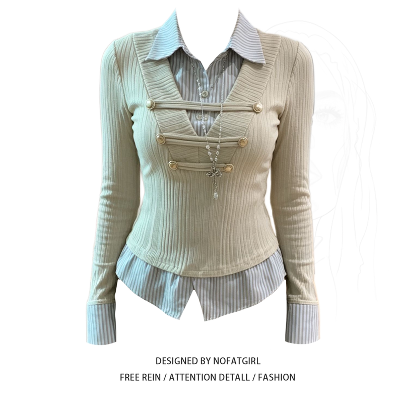 Plus-Size French Retro Style Fake Two-Piece Double-Breasted Knit Cardigan for Women, Autumn Color-Block Striped Waist-Cinching Slimming Top