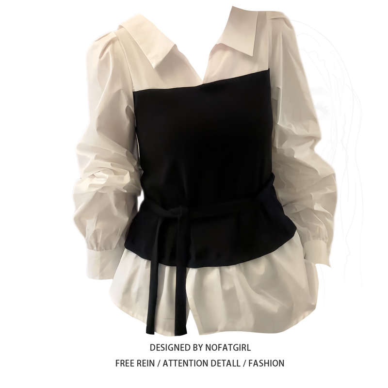 Plus-Size Korean-Style Retro Color-Blocked Faux Two-Piece Long-Sleeve Shirt for Women, Early Autumn Design, Slimming and Versatile Top Plus-Size Korean-Style Retro Color-Blocked Faux Two-Piece Long-Sleeve Shirt for Women, Early Autumn Design, Slimming and Versatile Top