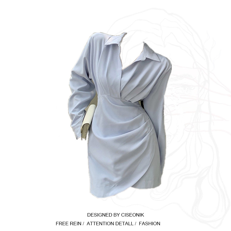 Large size women's dress Fat sister Han version Slim Long Sleeve Shirt Foreign Dress Woman Early Autumn Design Feel Fold Blue Dress