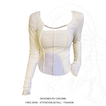 Large size fat mm sexy square collar bottoming shirt womens design sense niche inner wear spring clavicle exposed long-sleeved short top