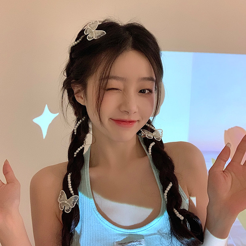 Pearl choreography chain head accessories Hair Side Haircut butterfly knot hairpin hairpin tail clip netting Red 2021 New sloth minimalist