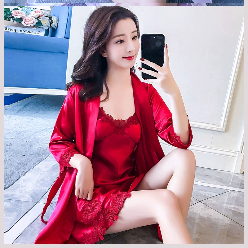 Bộ đồ ngủ mùa hè cảm giác nữ tính Nhật Bản bộ đồ ngủ màu đỏ lưới của phụ nữ bộ đồ bùng nổ bộ đồ ngủ sling ren nóng mùa xuân và mùa hè - Đêm đầm