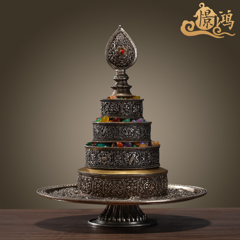 Tibetan silver Manza tray for the collection of the eight auspicious man's tea Roseven jewel 10cm small number for seven precious stones.