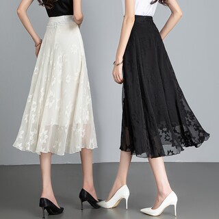 2025 Summer Thin Black and White Embroidered Chiffon Skirt Mid-Length High-Waisted Large A-Line Over-The-Knee Skirt
