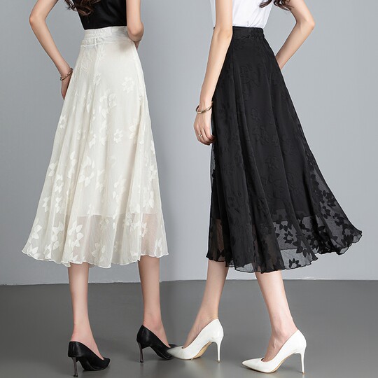 2025 Summer Thin Black and White Embroidered Chiffon Skirt Mid-Length High-Waisted Large A-Line Over-The-Knee Skirt