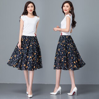 Slimming Floral Chiffon Skirt, Summer Women's Short Skirt, New A-Line Skirt, High-Waisted Skirt, Large Hem, Slimming Over-The-Knee Mid-Length Skirt