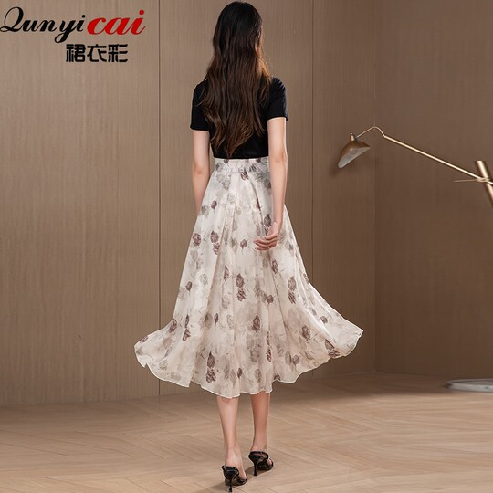 Skirt Women's Summer Mid-Length New Style Fresh Printed A-Line Skirt Slimming Look over the Knee Draped Holiday Chiffon Women's Mid-Skirt