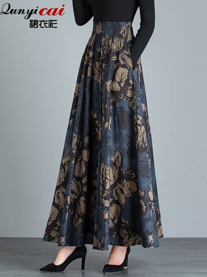 2025春季新款棉麻半身裙长裙女高腰大摆复古碎花亚麻长裙大码裙子