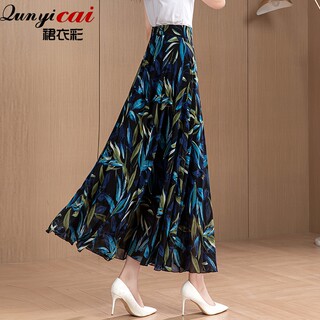 2025 New Summer Chiffon Black Floral Long Skirt for Dancing, Casual Beach Long Skirt for Women