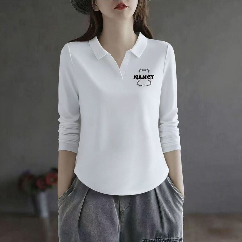 100% Pure Cotton 2025 New White Polo Collar Long-Sleeved Bottoming Shirt for Women in Spring, Slimming and Age-Reducing Lapel Top