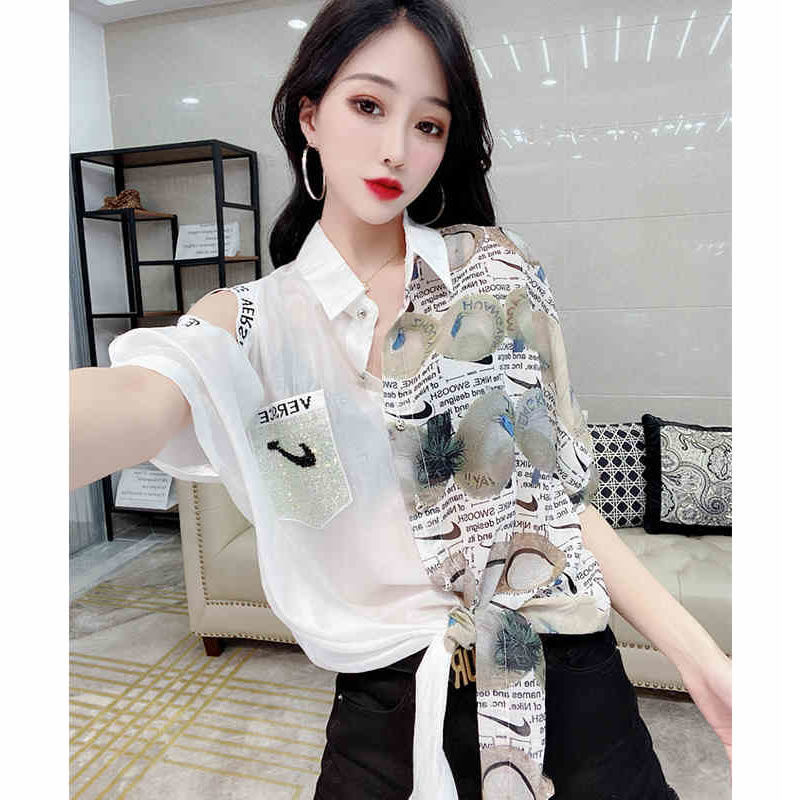 European Style Printed Short-Sleeved Chiffon Shirt for Women, New Summer Sexy Off-Shoulder Rhinestone Shirt with Tie, Trendy Top