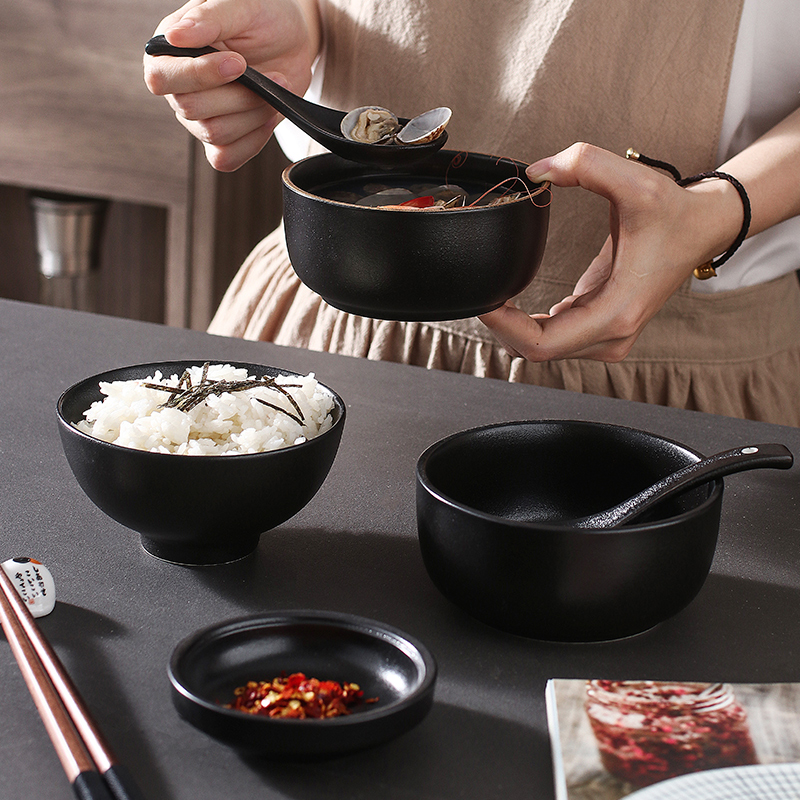 Simple tableware creative household dishes dishes rice bowl frosted black bowl ceramic Japanese bowl red soup bowl