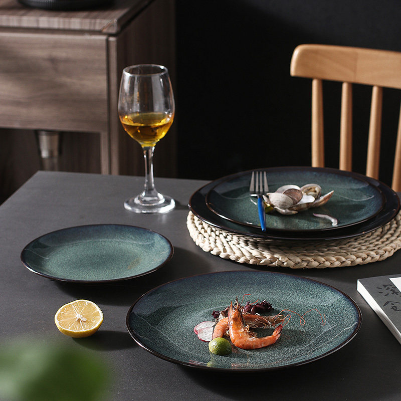 Household flat plate Japanese dinner plate ceramic creative large plate kiln change tableware net red round ins wind large plate