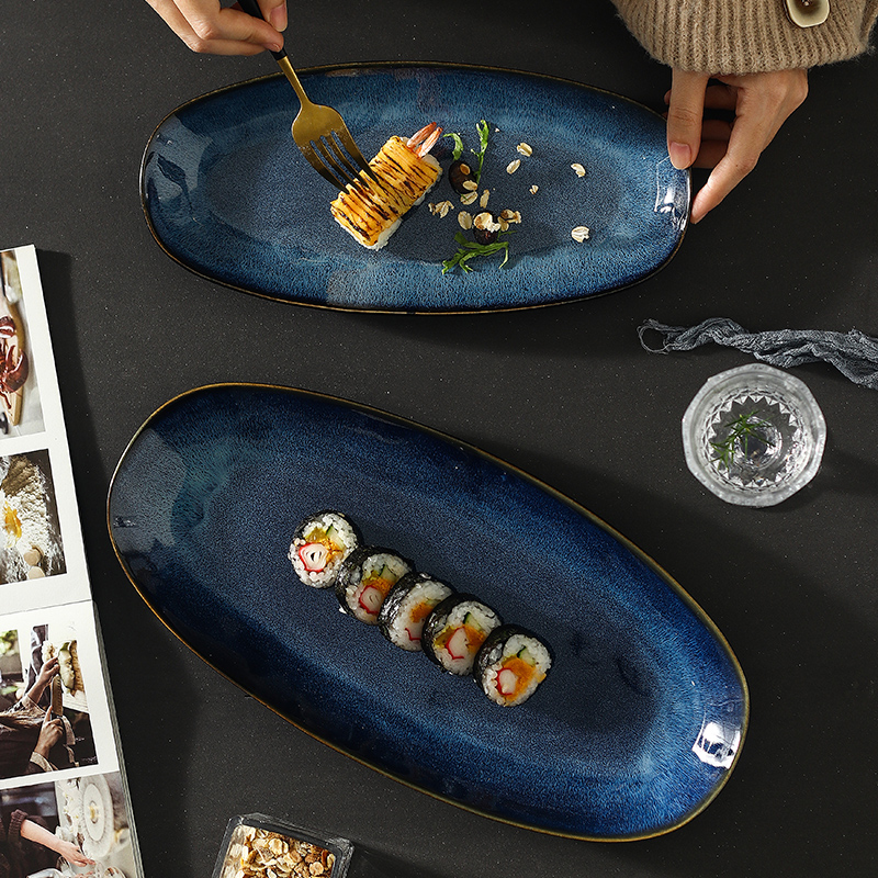 Ceramic oval fish plate Japanese sushi plate net red household steamed fish plate tableware kiln change plate creative big fish plate