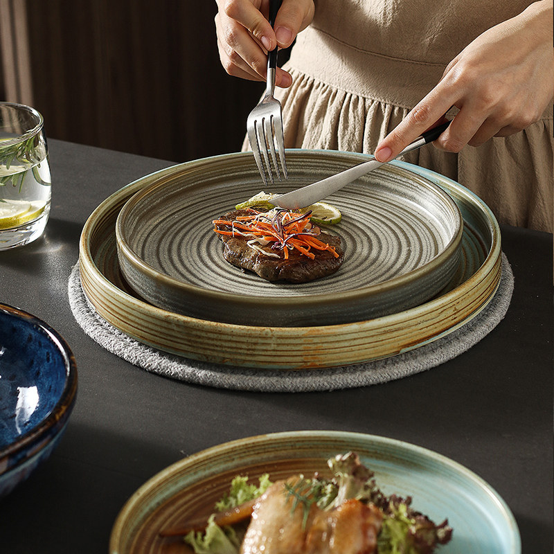 Japanese-style western plate tableware household kiln-turned soup plate creative striped salad plate simple steak plate large plate