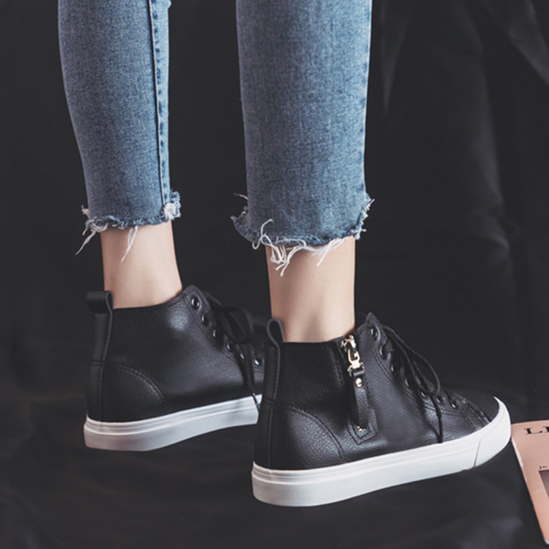 Lovers Full Black High Silo Sails Shoes Woman Leather Face Foreign Velvety Joint Board Shoes Large Size Interior Gain Small White Shoe Pull Chain