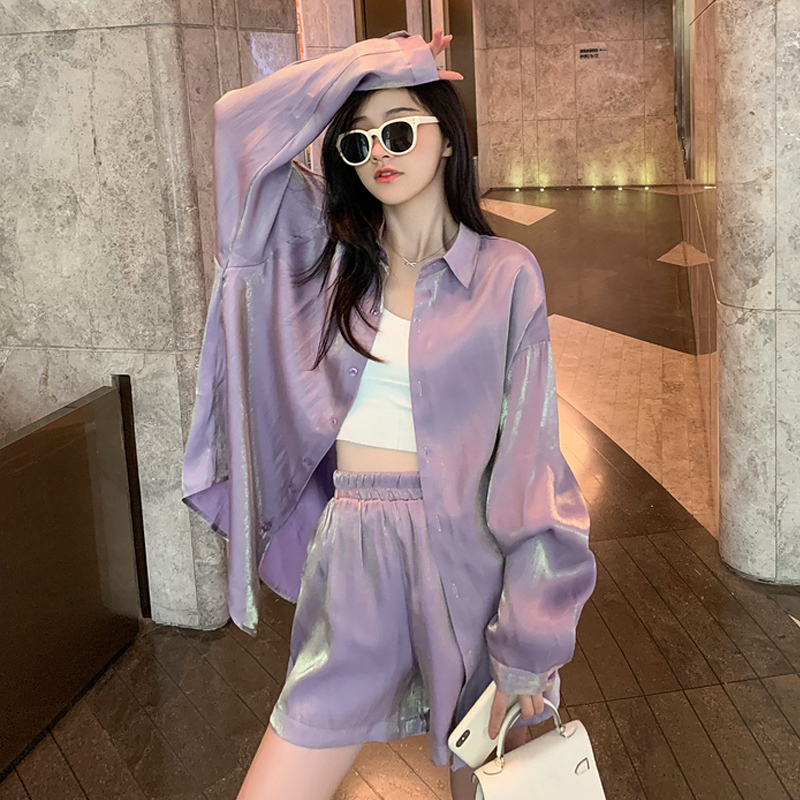 French-Style Mermaid Shirt for Women, Summer High-End Light Luxury Sun Protection Top, Stunning Purple Shirt and Shorts Set