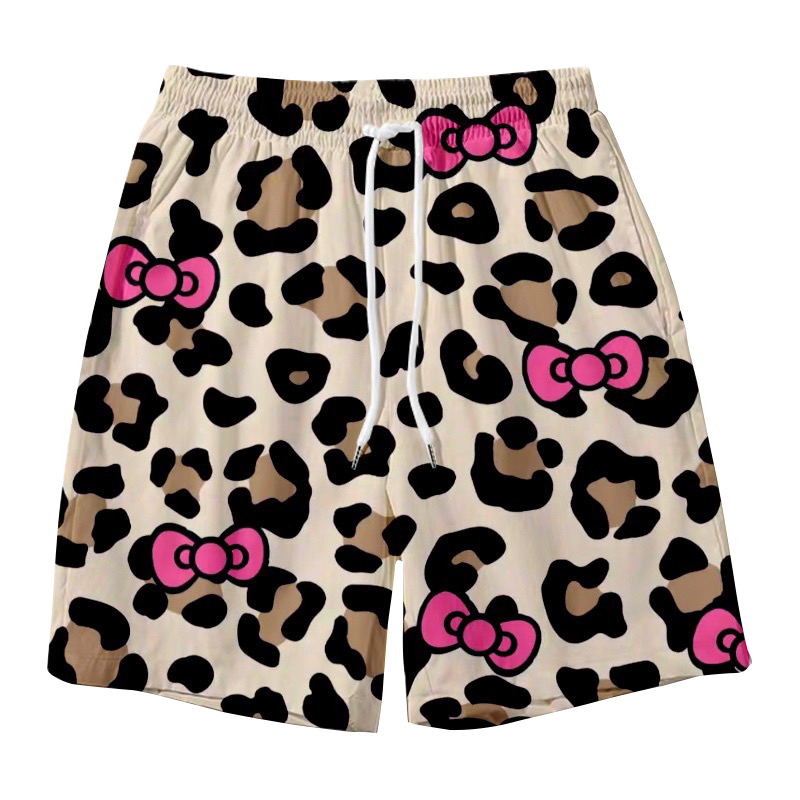 Cartoon Leopard Print Kt Cat Ice Silk Pajama Shorts for Men, Hellokitty Shorts for Women, Couple Summer Beach Shorts, Loose Fit