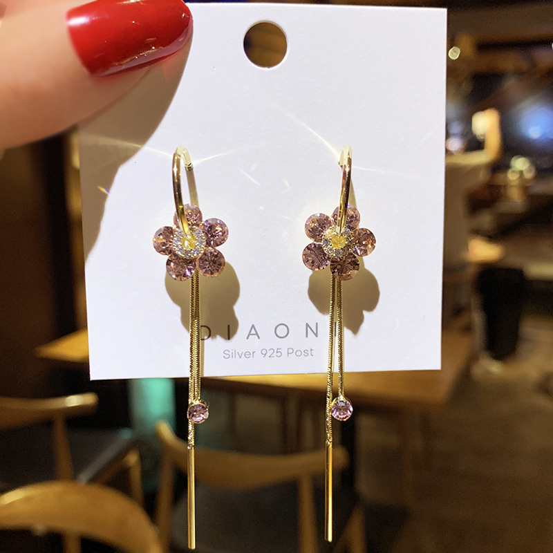 Dongdaemun fashion high sense earrings Female long version temperament earrings large flower crystal tassel earrings net red earrings