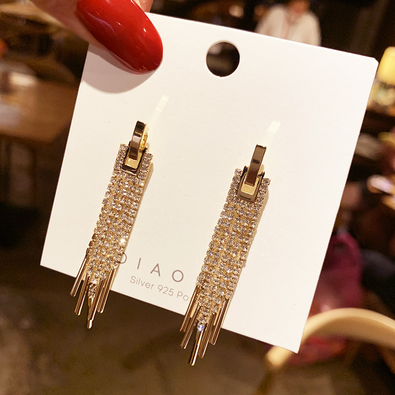 South Korean temperament Jane about long version Flow Su earrings Female water drill New tide ear pin s925 silver pin 100 lap fashion earbuke