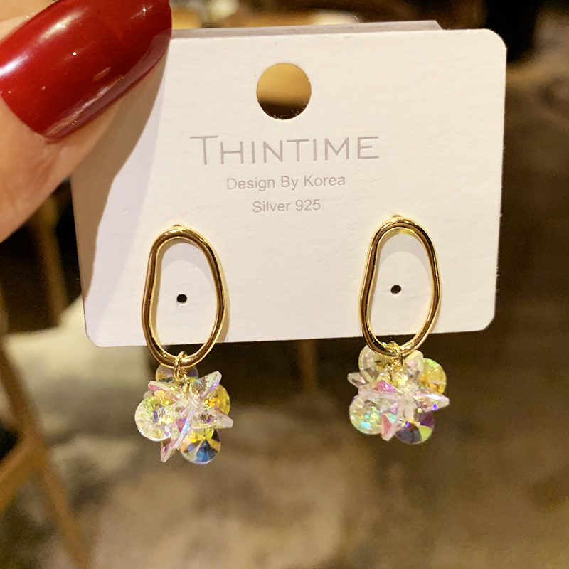 Dongdaemun Super Fairy Crystal Flower Earrings Women Korean Temperament Net Red Tide Earrings Sterling Silver Summer Fresh and Versatile Earrings