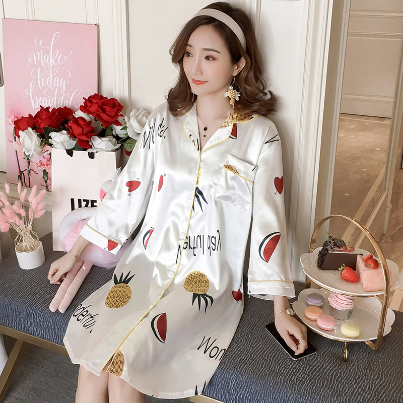 . Pyjama phụ nữ mùa hè mỏng lụa dài tay sexy pajama cardigan lớn kích thước mm200 mỡ kg mùa xuân và mùa thu nhà.