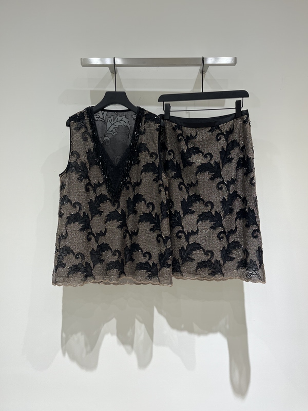 Ruoran丨 (Jinhe) Black Floral Mesh Embroidery Heavy Beading Tassel V-Neck Vest and Skirt Set 0704