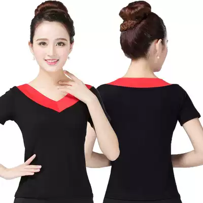 Middle-aged and elderly square dance clothing women's V-neck top new modal T-shirt dance clothes dance short-sleeved practice clothes
