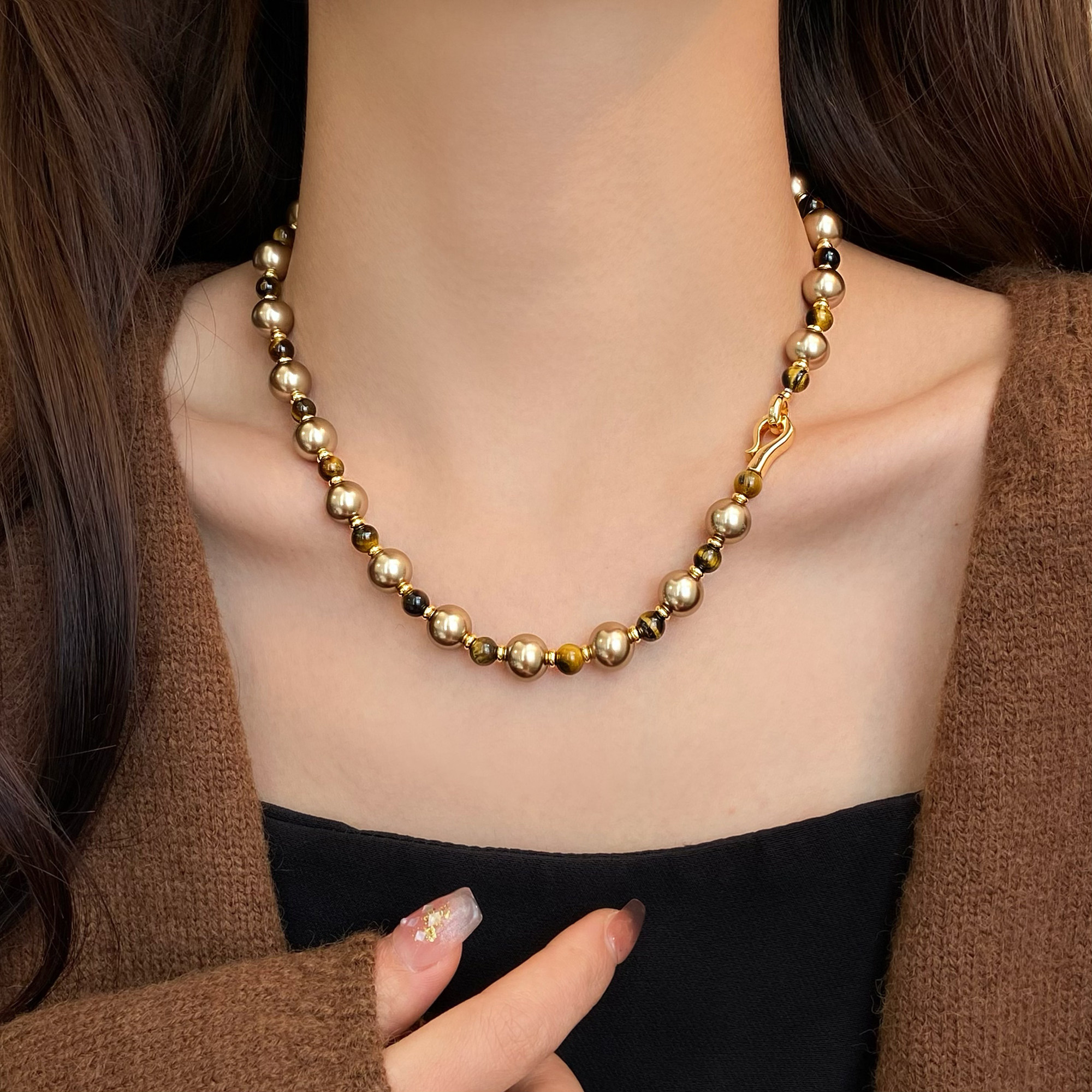 Tiger's Eye Stone Sweater Chain, Autumn and Winter Light Luxury, High-End, Versatile Necklace for Women, 2025 New Niche Accessory
