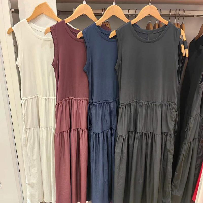 Spliced Layered Round Neck Solid Color Loose Dress Sleeveless Drawstring Waist Casual Women's Dress Long Skirt 487286