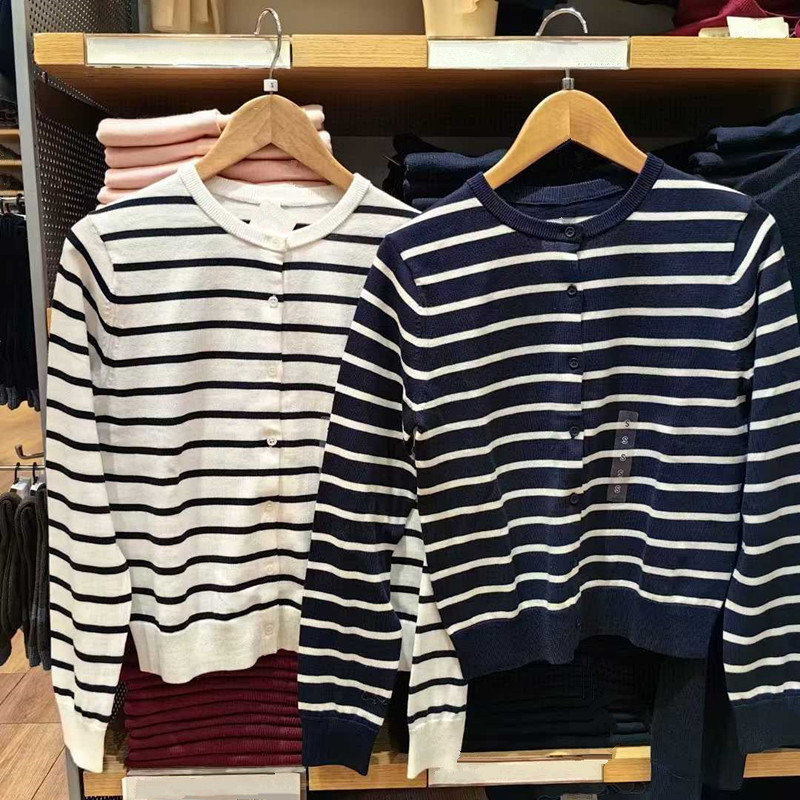 Japanese Women's Modal Cotton Blend Round Neck Striped Knit Cardigan Sweater Long Sleeve Machine Washable Jacket 476975