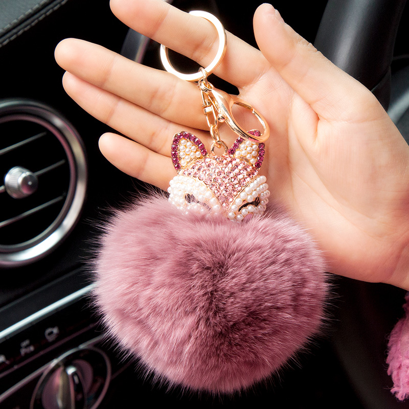 Car key chain car high-end ladies creative jewelry fox fur ball bag pendant cute key chain pendant