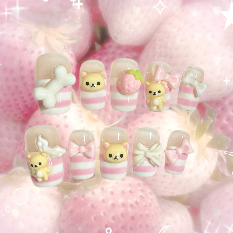 Rilakkuma Wearable Nails Cute Sweet Girl European and American Striped French Kawaii Cute Girl Style Handmade Wearable Nail Pieces