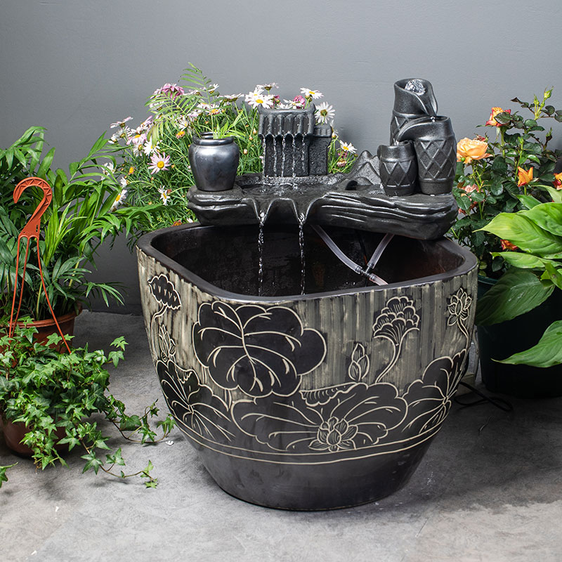 Square Ceramic Large Vat Water Circulation Oxygenated Fish Tank Living Room Balcony Flowing Water Pefish Basin Courtyard Imitation Stone Big Water Cylinder