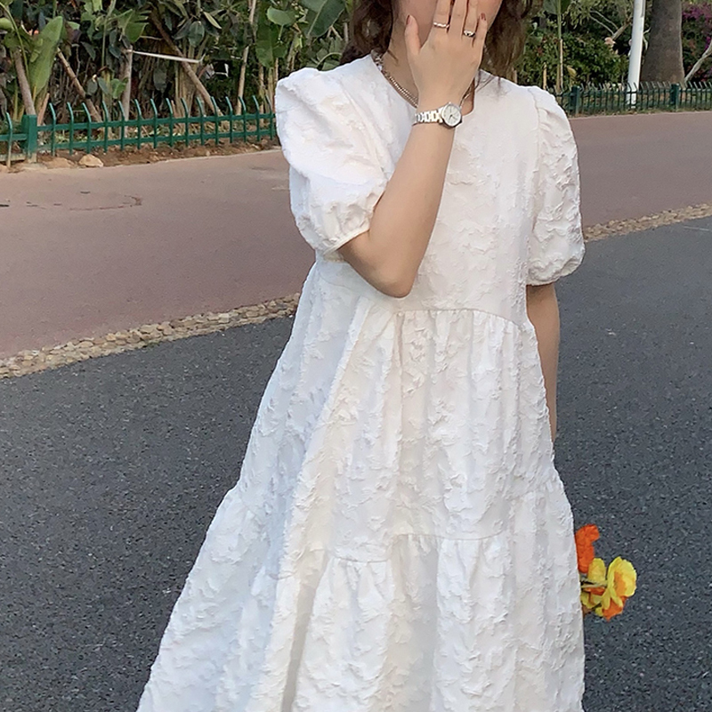 Clearance Sale French Puff Sleeve Three-Dimensional Jacquard Sweet Dress for Women, Summer White Gentle Style First Love Dress