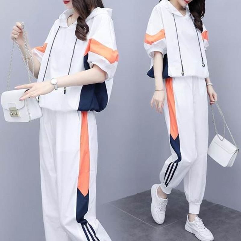Summer clothing 2021 new casual sports suit women large size Sizes Easy reduction age collage Lian Hat Blouse Pants Two Pieces
