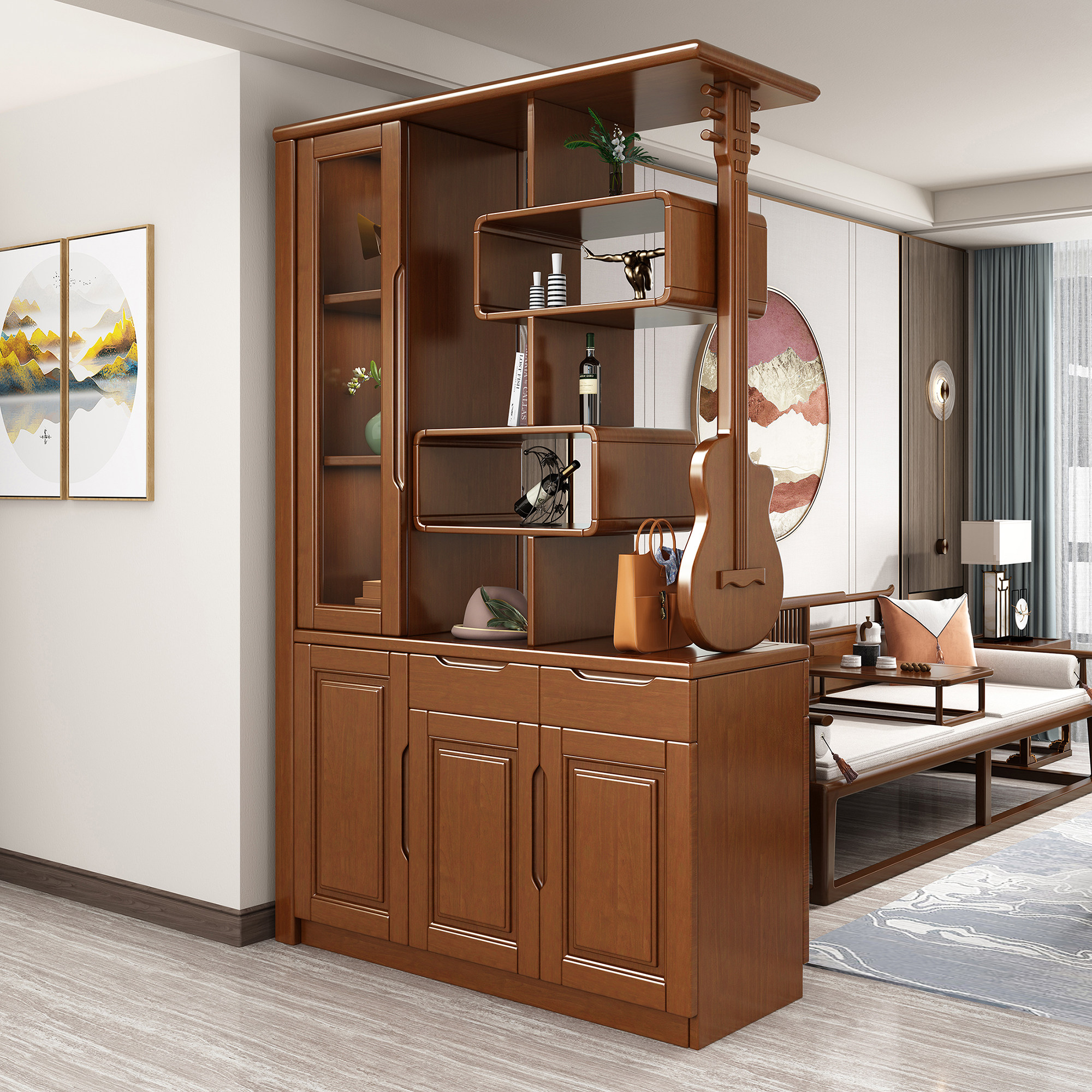 Solid wood hall cabinet wine cabinet partition cabinet living room porch simple oak combination locker screen art wine rack