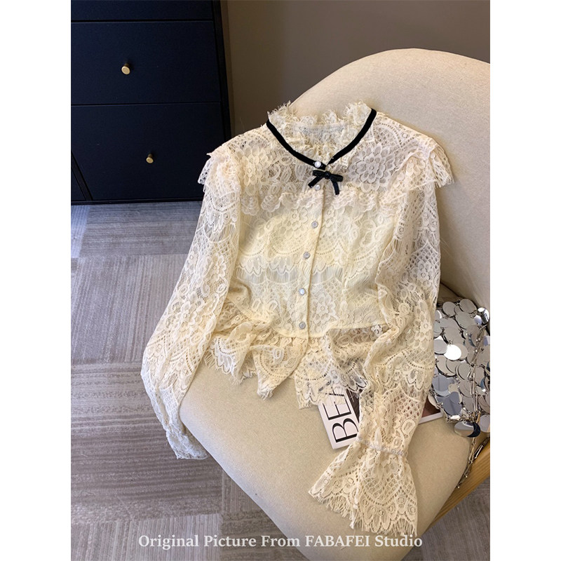 Женская кружевная рубашка с бантом, вязаная крючком во французском стиле, осень 2025, новинка, уникальный и красивый топ с расклешенными рукавами