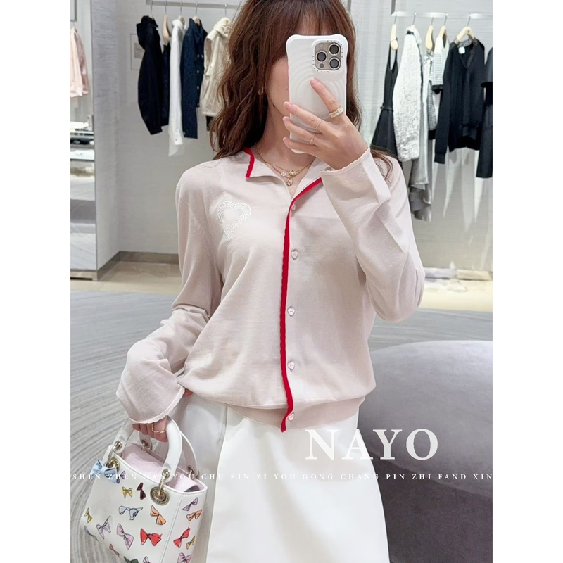 Nayo Top Version~ Strawberry Cake! 26Ss Early Autumn Gentle Style Color-Block Heart Embroidery Knitted Cardigan Top Nayo Top Version~ Strawberry Cake! 26Ss Early Autumn Gentle Style Color-Block Heart Embroidery Knitted Cardigan Top