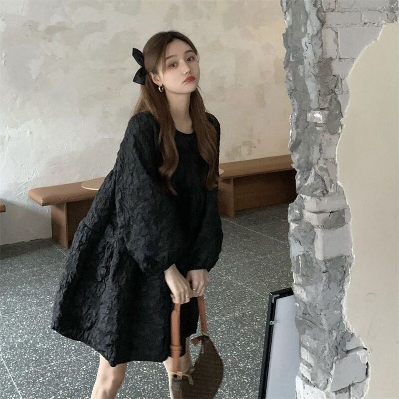 Plus Size 150kg Black Long-Sleeved Dress for Chubby Girls, Loose and Thin Style, Spring and Autumn, Stylish Puff Sleeves, Puffy Dress 2