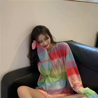 Large size T-shirt women's 2020 spring net red women's rainbow stripe perspective mesh top women's loose lazy style