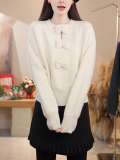 Gentle casual style bow decorated round neck long-sleeved sweater for women 2025 autumn and winter new white sweet top