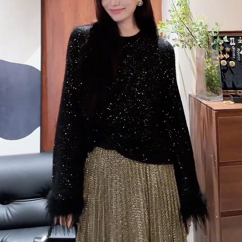 High-End Fashion Elegant Black Fine Glitter Feather Knit Sweater for Women, New Autumn Design, Beautiful and Trendy Top