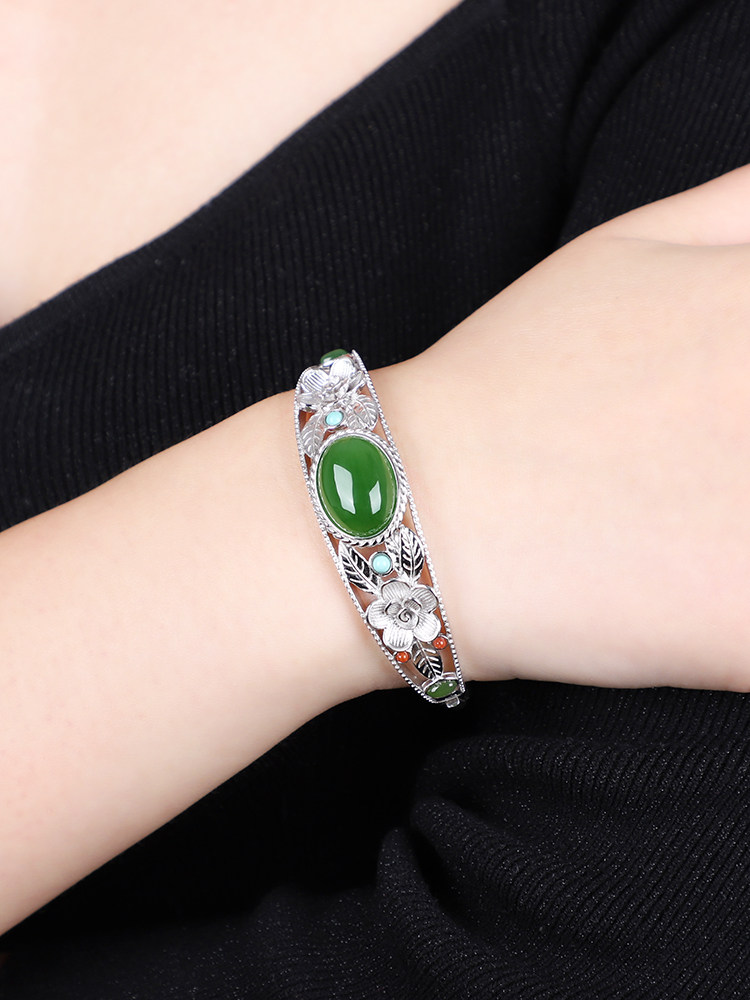 NATURAL HETIAN JADE JASPER SILVER BRACELET FEMALE EXQUISITE MOTHERS JASPER OPEN SIZE BRACELET BIRTHDAY GIFT