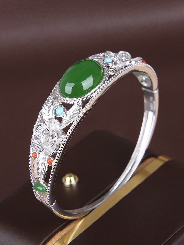 NATURAL HETIAN JADE JASPER SILVER BRACELET FEMALE EXQUISITE MOTHERS JASPER OPEN SIZE BRACELET BIRTHDAY GIFT