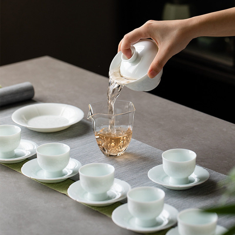 Imitation Song Shadow Thin Tire Relief Peony Cover Bowl Kongfu Tea Suit Home Ceramic Pint Cup Big Sets Gift-Taobao